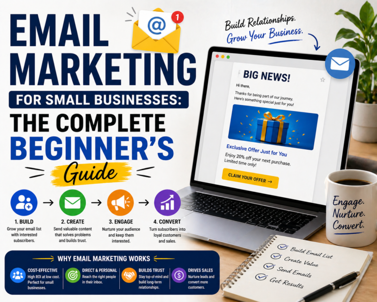 Email marketing for small businesses showing email campaign on laptop with steps to build list engage audience and convert customers
