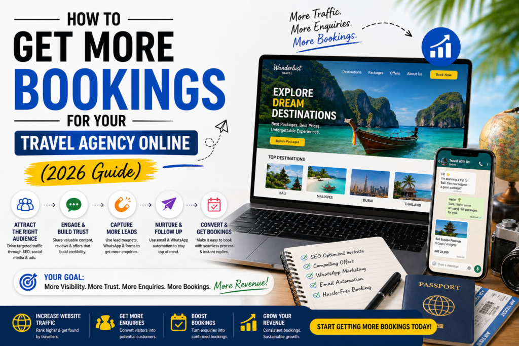 Travel agency online marketing strategy showing website WhatsApp and lead generation funnel to increase bookings in 2026