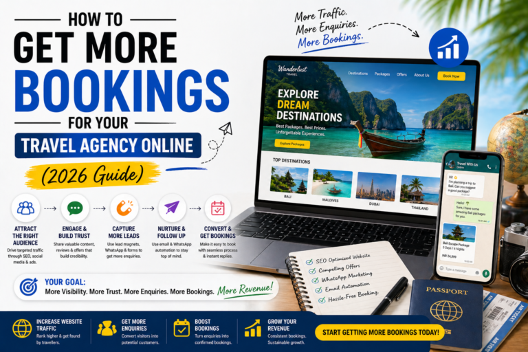 Travel agency online marketing strategy showing website WhatsApp and lead generation funnel to increase bookings in 2026