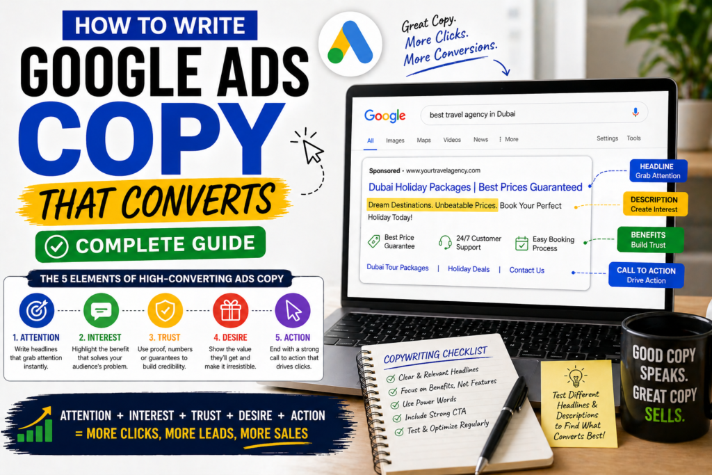 Google Ads copywriting example showing high converting ad structure with headline description benefits and call to action