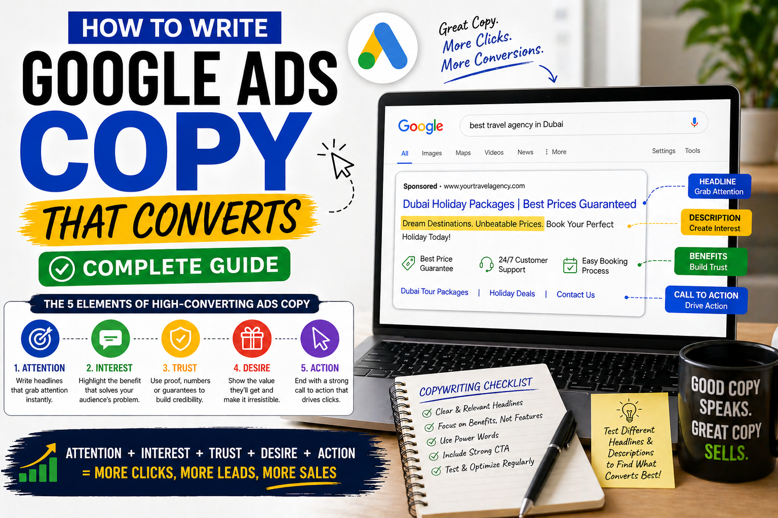 Google Ads copywriting example showing high converting ad structure with headline description benefits and call to action
