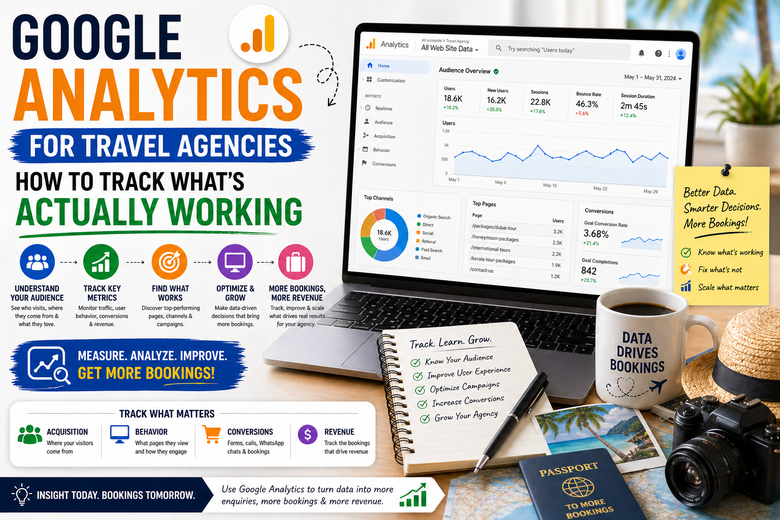 Google Analytics dashboard for travel agency showing traffic conversions and performance metrics to track what is working