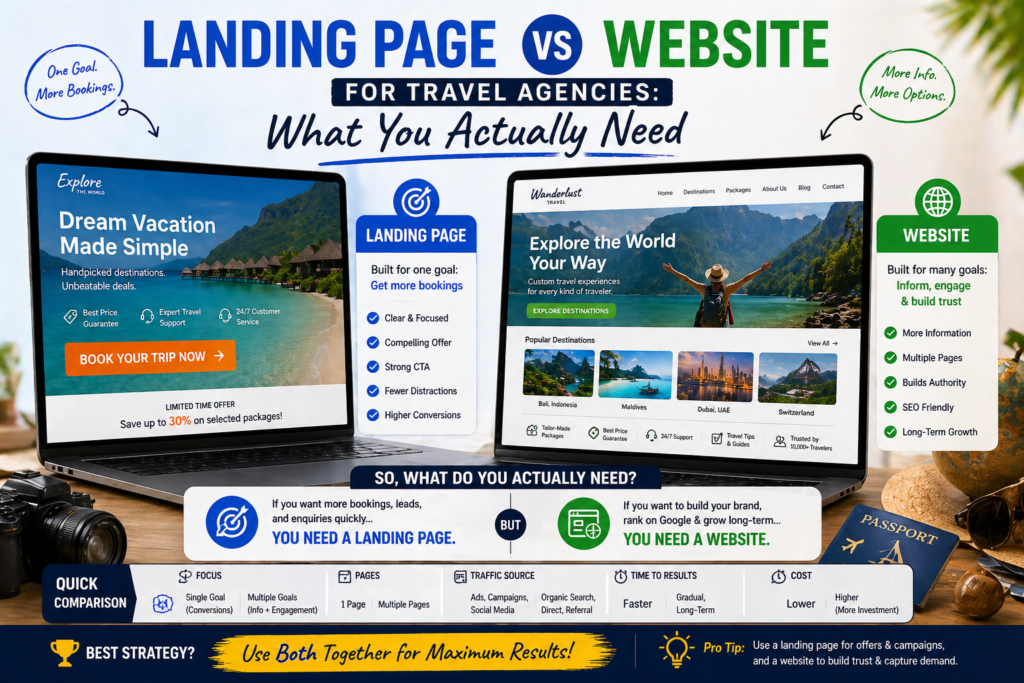 Landing page vs website comparison for travel agencies showing differences in conversions structure and marketing goals