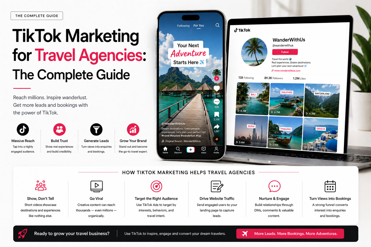 TikTok marketing for travel agencies showing short form video content on mobile driving engagement leads and bookings
