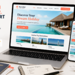Travel agency website tips — modern homepage on laptop and mobile showing bookings CTA