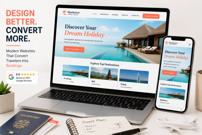 Travel agency website tips — modern homepage on laptop and mobile showing bookings CTA