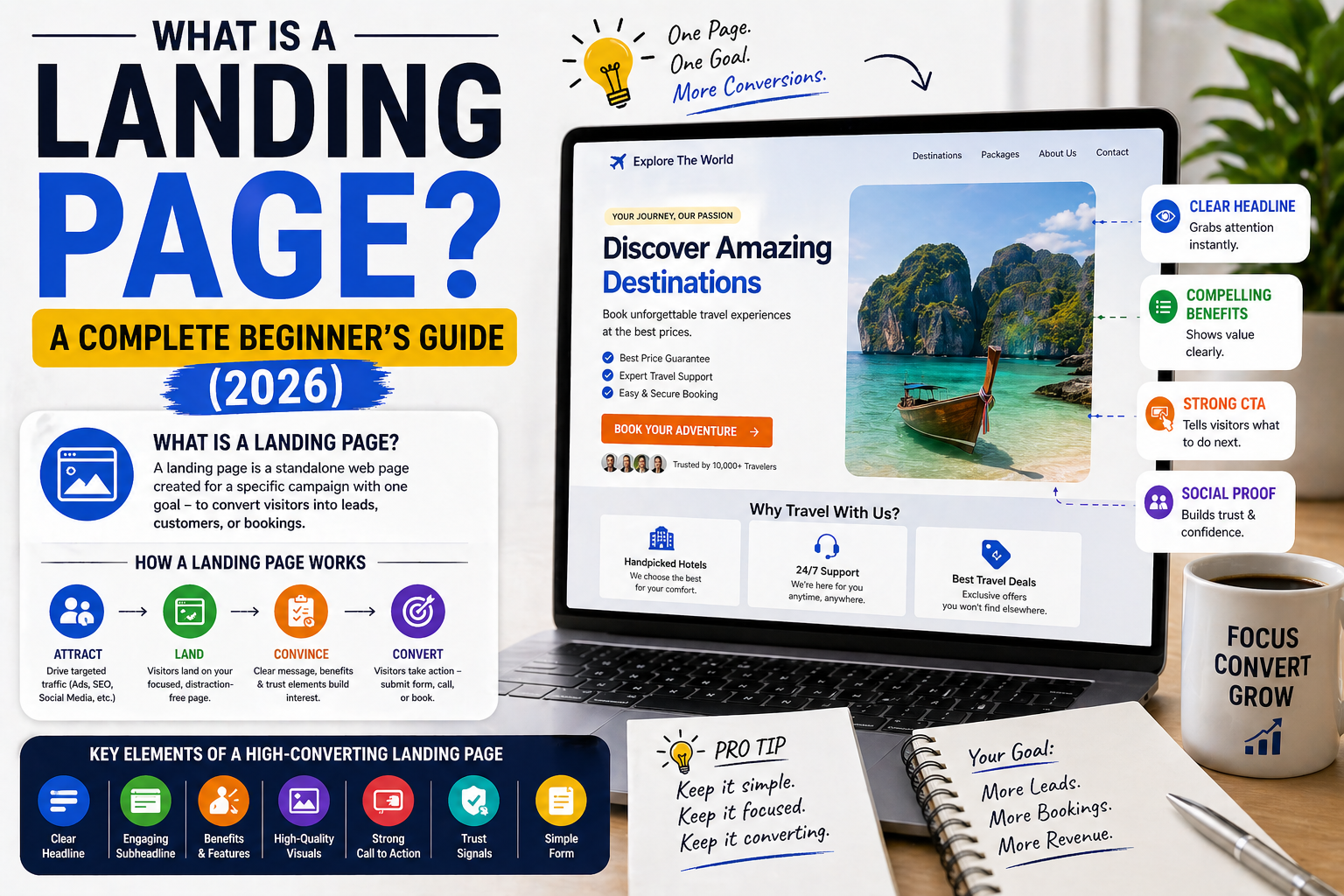 Landing page example on laptop showing headline call to action and conversion elements for beginners learning landing pages