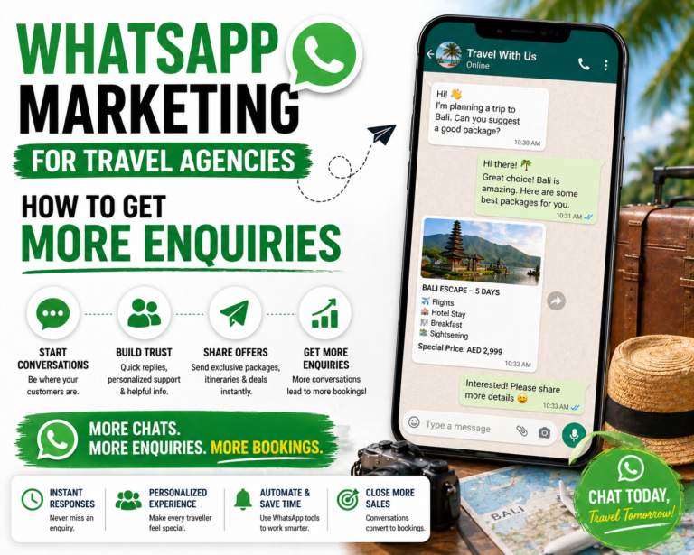 WhatsApp marketing for travel agencies showing customer chat conversation leading to enquiries and bookings through messaging