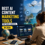 Travel agency professional using AI content marketing tools on laptop with analytics dashboard and airplane view, representing best AI tools for travel marketing in 2026