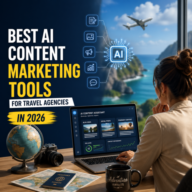 Travel agency professional using AI content marketing tools on laptop with analytics dashboard and airplane view, representing best AI tools for travel marketing in 2026