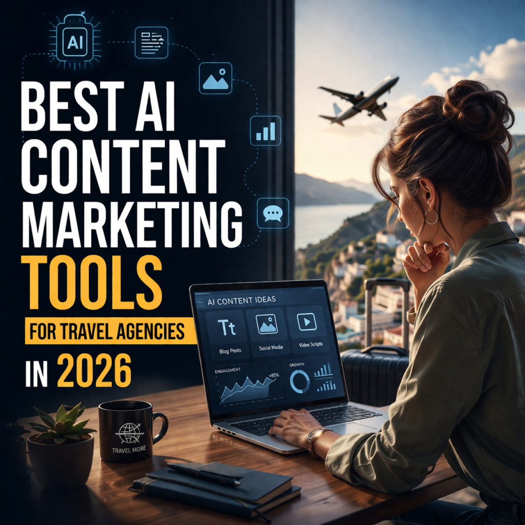 Travel agency professional using AI content marketing tools on laptop with analytics dashboard and airplane view, representing best AI tools for travel marketing in 2026