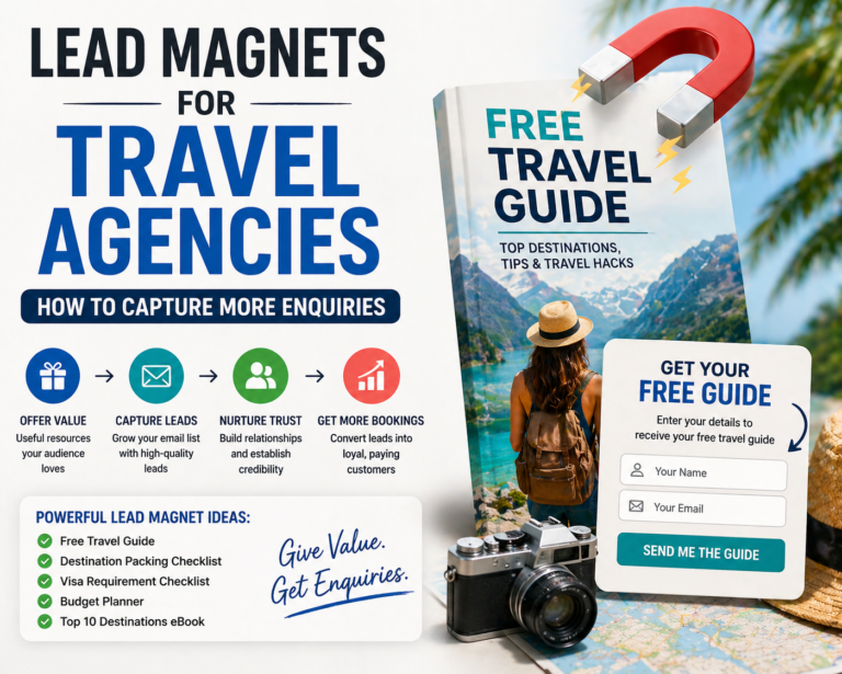 Lead magnet for travel agencies showing free travel guide offer capturing leads and increasing enquiries through email signup form